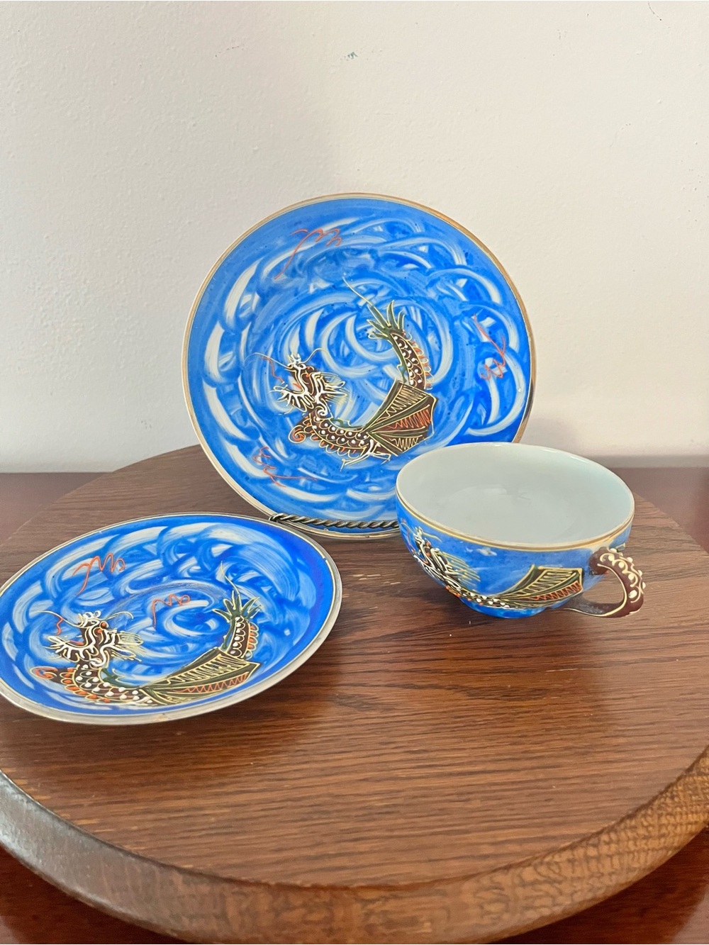 Blue Dragon Porcelain Tea Cup, Saucer and Dessert Plate Set. Geisha Lithophane